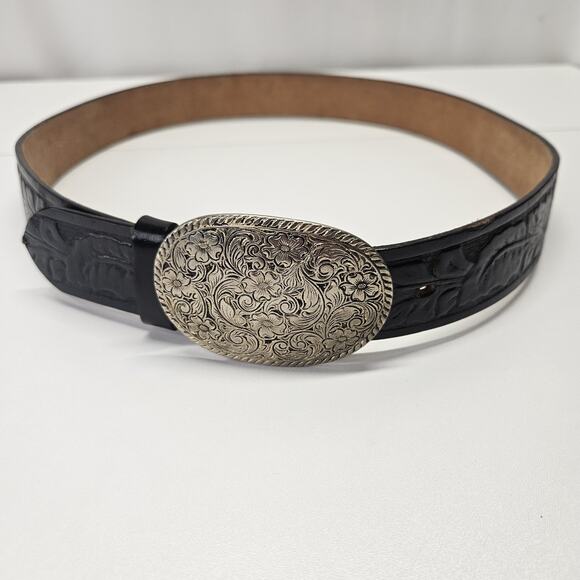 Vintage Western Black Tooled Leather Belt Floral Engraved Silver Bucklet Sz 36 main image 8